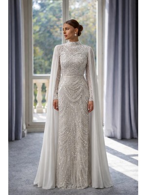 Olcay Çıkabilen Pelerin Detaylı Taşlı Tül Exclusive Tesettür Abiye Elbise TAŞ 1074