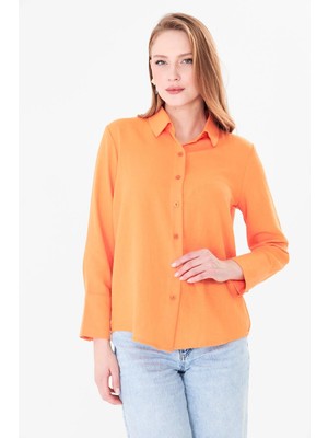 Nurneva Kadın Uzun Manşetli Rahat Kalıp Oranj Keten Gömlek