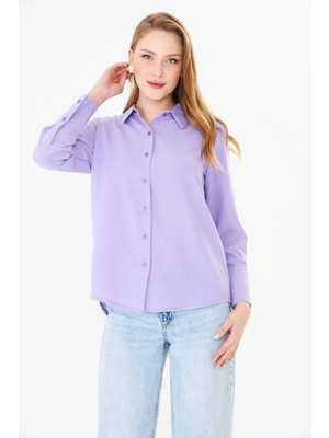 Nurneva Kadın Uzun Manşetli Rahat Kalıp Lila Keten Gömlek