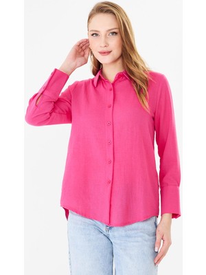 Nurneva Kadın Uzun Manşetli Rahat Kalıp Fuşya Renk Keten Gömlek