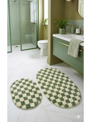 Eurobano Chess Dama Desenli 2'li Oval Bohem Banyo Paspası Lateks Kaymaz Makinede Yıkanabilir 60X100 60X50 cm
