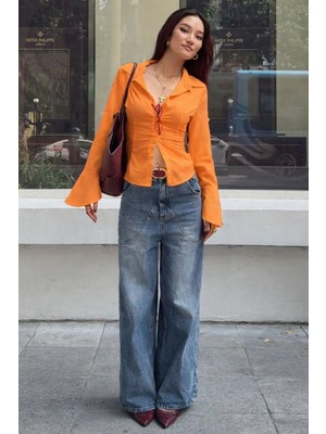 Madmext Turuncu Vücuda Oturan Slim Fit Kadın Gömlek Dokuma Günlük Stil Düz Desen