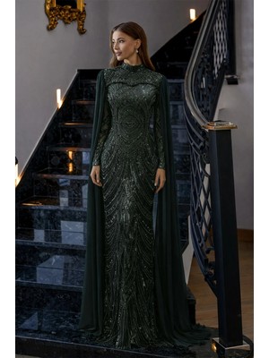 Olcay Çıkabilen Pelerin Detaylı Taşlı Tül Exclusive Tesettür Abiye Elbise Yeşil 1074