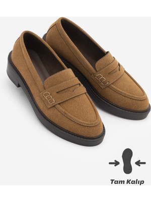 Marjin Kadın Loafer Günlük Klasik Ayakkabı Casual Makosen Fonle Taba Süet