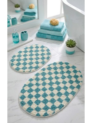 Eurobano Chess Dama Desenli 2'li Oval Bohem Banyo Paspası Lateks Kaymaz Makinede Yıkanabilir 60X100 60X50 cm