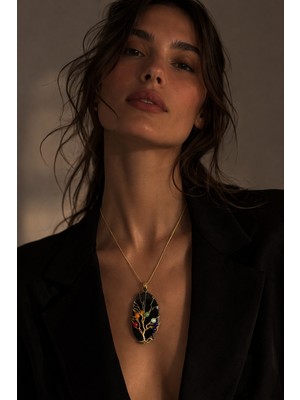 Solare Accessories Yaşam Ağacı Çakra Enerji Kolyesi - Akik Doğal Taşlı Altın Kaplama Çelik Zincir Kolye