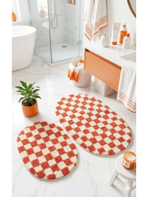 Eurobano Chess Dama Desenli 2'li Oval Bohem Banyo Paspası Lateks Kaymaz Makinede Yıkanabilir 60X100 60X50 cm