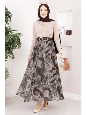 Ums Otantik Desen Kemerli Şifon Etek Vizon