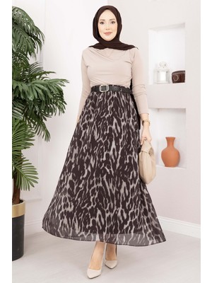 Ums Leopar Desen Kemerli Şifon Etek Kahve