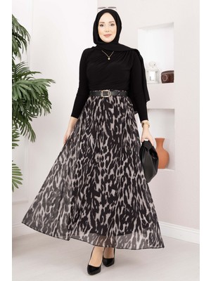 Ums Leopar Desen Kemerli Şifon Etek Siyah