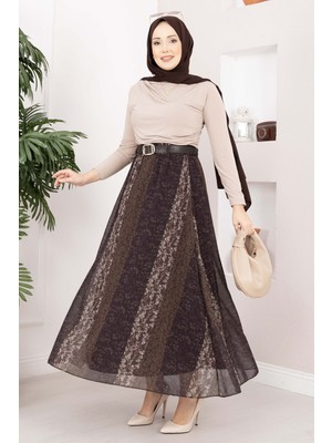 Ums Mini Çiçek Desen Kemerli Şifon Etek Kahve