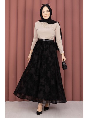 SVS Kemer Detaylı Desenli Tül Etek Siyah