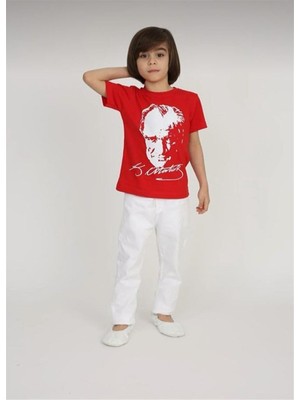 Unısex 23 Nisan 29 Ekim 10 Kasım 19 Mayıs Gösteri Kostüm Atatürk Baskılı Kırmızı Kısa Kol T-Shırt