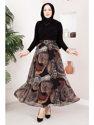Ums Otantik Desen Kemerli Şifon Etek Haki