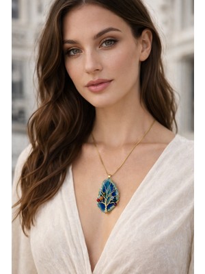 Solare Accessories Yaşam Ağacı Çakra Enerji Kolyesi - Akik Turkuaz Doğal Taşlı Altın Kaplama Çelik Zincir Kolye