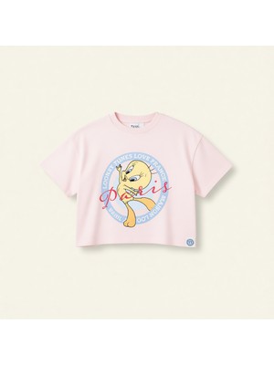 DeFacto Kız Çocuk Looney Tunes Grafik Desenli Kısa Kollu Tişört Pamuk Malzemeden Pembe