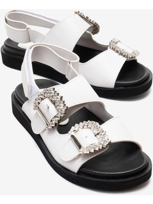 Luvi Olımpa Beyaz Taşlı Cırtlı Kadın Düz Sandalet