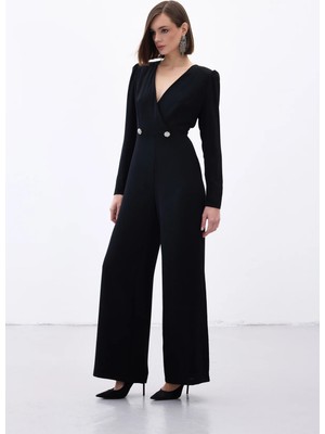 Sateen Kruvaze Süs Taşlı Krep Tulum - Siyah
