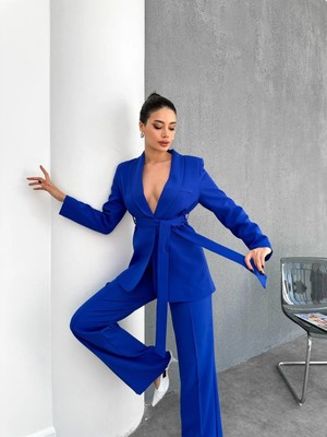 Saade Kadın Saks Mavi Kuşaklı Ceket %86 Polyester %14 Elastan Kırışmaya Dayanıklı Özellik