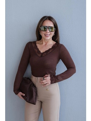 Purple By Banu Kahverengi Transparan Dantelli Body