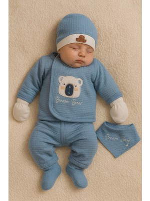 Yenidoğan 5li Set, 5li Hastane Çıkışı - Erkek Bebek Waffle Kumaş Organik Lüx Zıbın Set 1AY,2AY,3AY