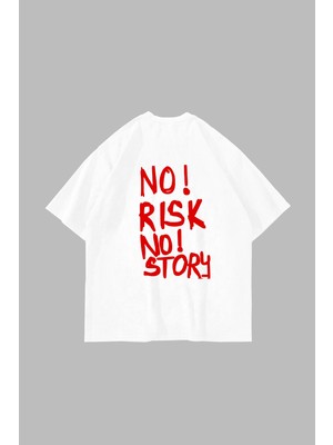 Sekizbiraltı No Risk No Story Baskılı Oversize Unisex Beyaz Tshirt