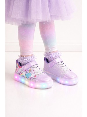 Minibonito Kız Çocuk  Desenli Işıklı LED Tabanlı Simli Cırt Cırtlı Sneaker