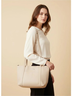 Sevmine Krem Kadın Omuz Çantası | Geniş Iç Hacimli, Çok Gözlü, Şık ve Dayanıklı Tote Çanta (42X28X20 Cm)