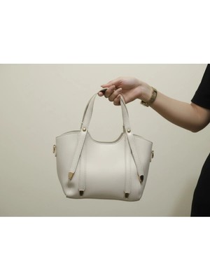 Sevmine Krem Mini Şık Kadın El ve Omuz Çantası | Gold Detaylı | 27X26X5 cm