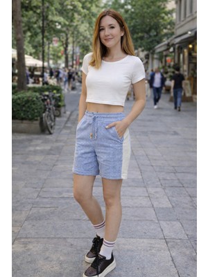 Comstar Kadın Trend Premium Comfort Çizgili Mavi Şort