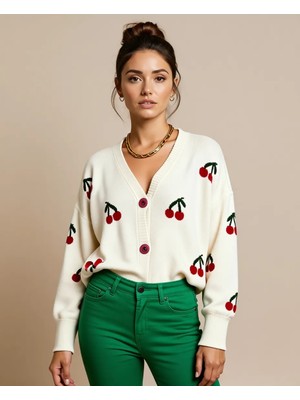 Bisou Kadın Ekru Düz Triko Hırka Uzun Kol Kiraz Desenli V Yaka Özellikleriyle