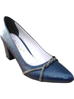 Bilener 450 Bayan Kapalı Taşlı Kısa Kalın Ökçeli Stiletto Ayakkabı Lacivert