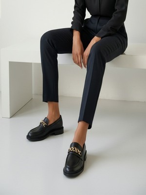 ZOE3tr Kadın Siyah Zincir Tokalı Loafer Ayakkabı Düz Taban Günlük Klasik Ayakkabı