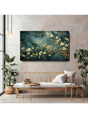 Artprinta Altın Dallı Çiçek Kanvas Tablo – Yeşil Zemin Üzerine Lüks Floral Duvar Dekoru