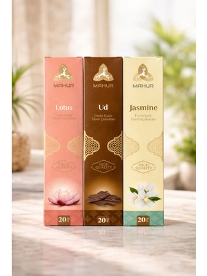 Mahur 3’lü Premium Tütsü Seti – Lotus, Ud (Oud), Jasmine 20’li Çubuk Tütsü (60 Adet)