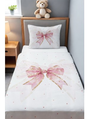 Özgürce Pembe Simli Puantiyeli Fiyonk Desenli Tek Kişilik Bebek Çocuk Pike Seti