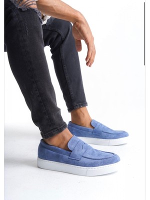 Ebrus Trend ET0580 Bağcıksız Kuşaklı Yüksek Taban Mavi Süet Erkek Ayakkabı