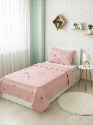 Özgürce Balerin ve Unicorn Desenli Çocuk Pike Takımı, 160X230 Cm, Pembe Renk