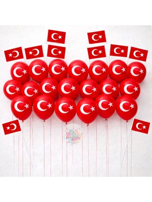 Joyane Türk Bayraklı Balon Seti 20 Adet 10'' 26 cm + Çıtalı Türk Bayrağı 10 Adet