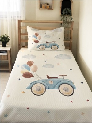 Özgürce Antika Araba Desenli Bebek ve Çocuk Tek Kişilik Pike Takımı 160X230 Beyaz