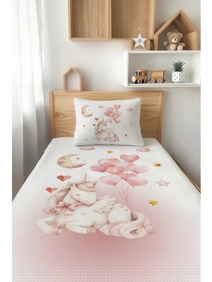 Özgürce Renkli Unicorn Desenli Tek Kişilik Çocuk Pike Takımı, Yumuşak ve Rahat