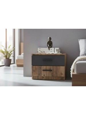 Latre Komodin - Antık Cam & Antrasit - 2 Çekmeceli