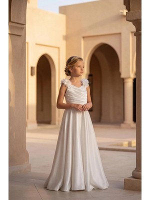 Kız Çocuk Abiye Krem Manoray Kumaş  Çapraz Ip Bağlamalı Askı Çiçek Detaylı Uzun Abiye Elbise 8-12 Yaş