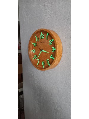 Bahat Fosforlu Eskitme Ahşap Desenli Küçük Mini Duvar Saati Çap 22 cm Sessiz Akar Saniye