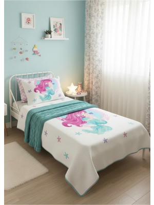 Özgürce Deniz Kızı Desenli Bebek ve Çocuk Tek Kişilik Pike Takımı 160X230 Beyaz