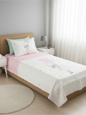 Özgürce Balonlu Kız Desenli Bebek ve Çocuk Tek Kişilik Pike Takımı 160X230 Beyaz