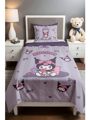 Özgürce Mor Şeritli Kuromi Desenli Tek Kişilik Bebek Pike Takımı