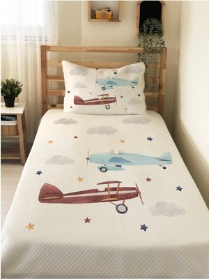 Özgürce Uçak Desenli Bebek ve Çocuk Tek Kişilik Pike Takımı, 160X220 Cm, Beyaz