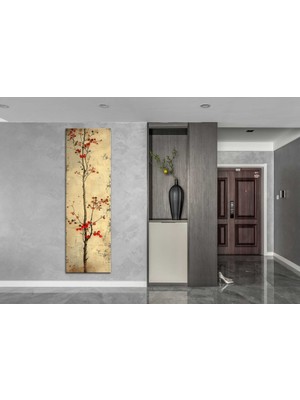 Meteor Medya Minimalist Kırmızı Çiçekli Ağaç Dikey Kanvas Tablo – Modern Japon Esintili Duvar Dekoru