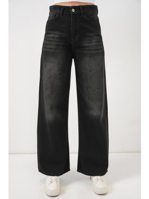 Bol Paça Yüksek Bel Palazzo Kot Pantolon 6656 - Siyah